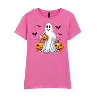 Halloween Ghost with Pumpkin - Softstyle™ women's ringspun t-shirt Thumbnail