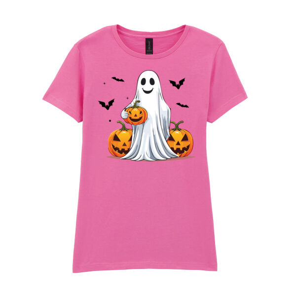 Halloween Ghost with Pumpkin - Softstyle™ women's ringspun t-shirt Thumbnail